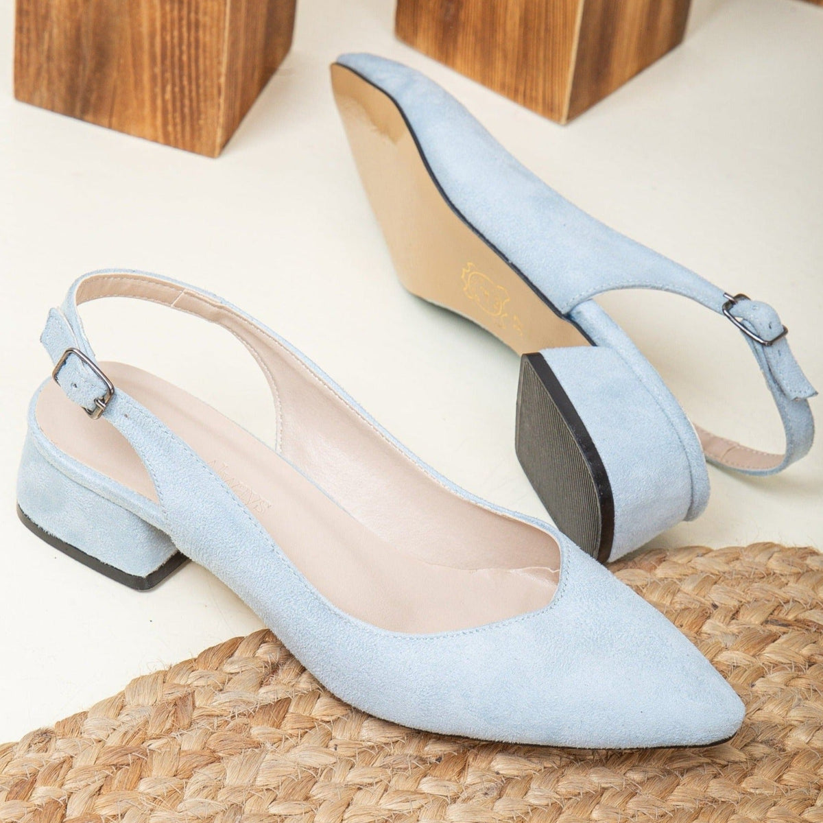 Emma - Baby Blue Wedding Slingback Shoes – detail view showing blue, Vowalisse