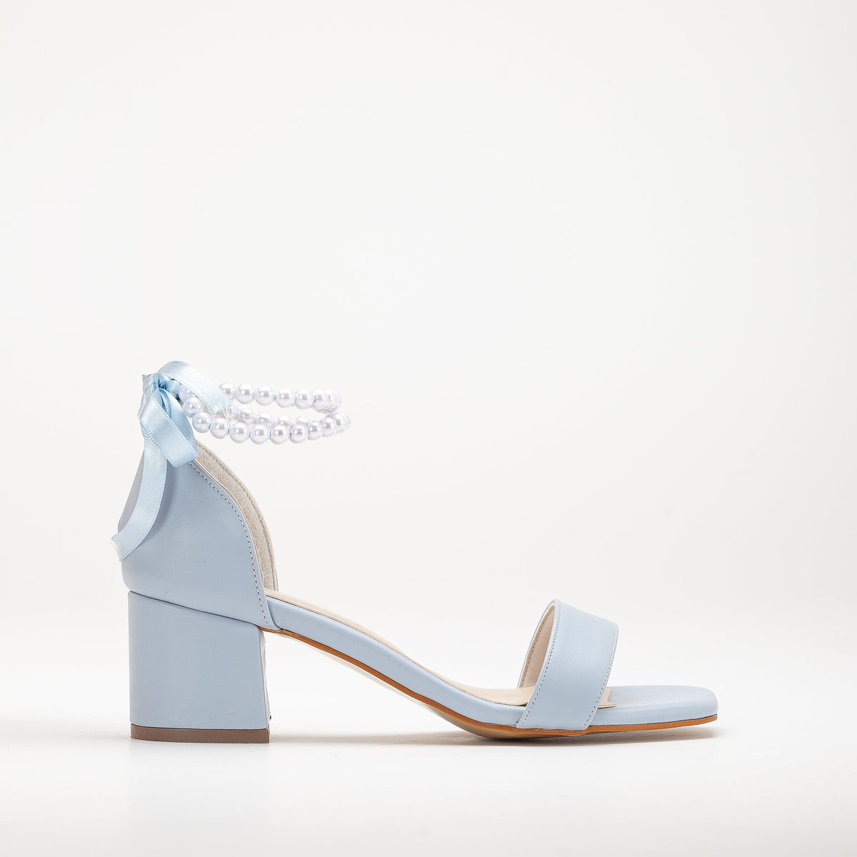 Illy - Baby Blue Sandals with Pearls – front three-quarter view showing pearl, satin, leather, Vowalisse