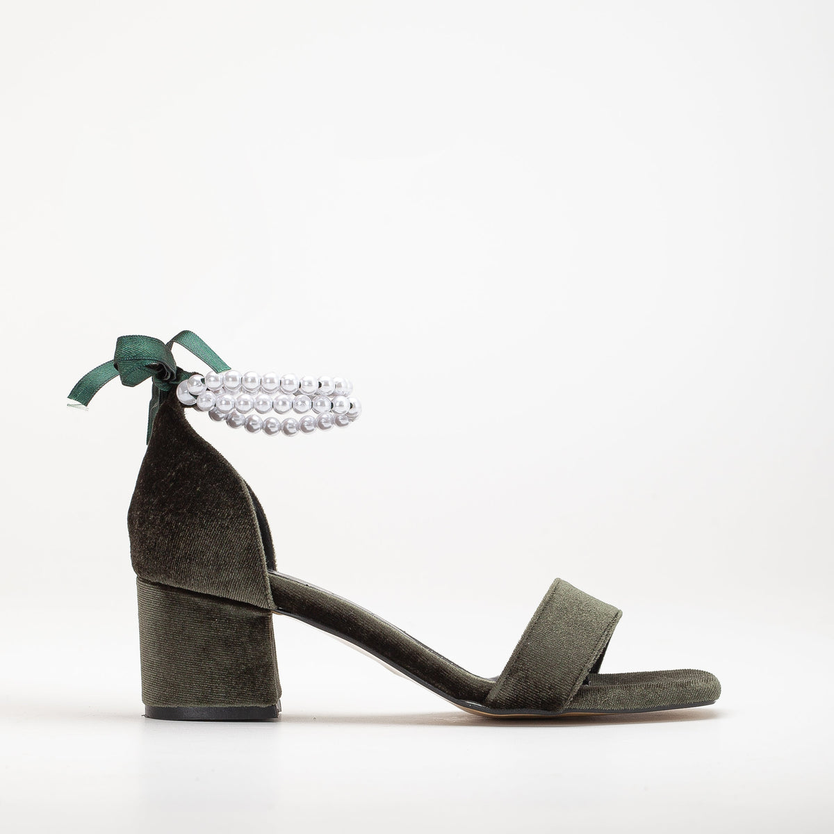 Illy - Olive Green Velvet Sandals with Pearls – front three-quarter view showing pearl, velvet, green, Vowalisse
