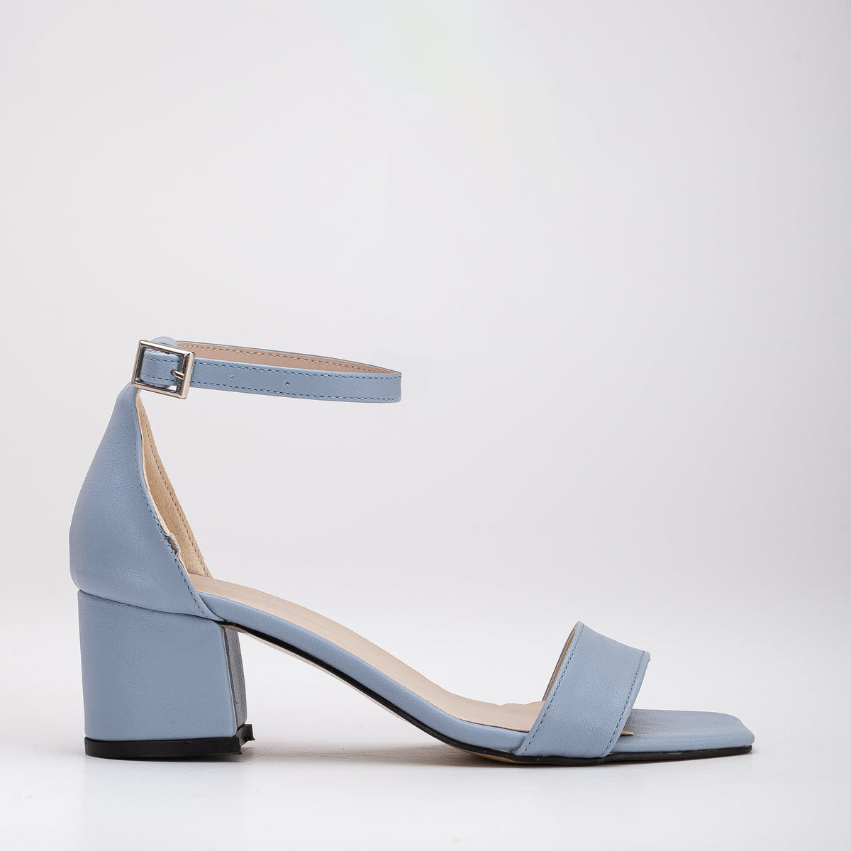 Hera - Baby Blue Sandals with Ribbon – side view showing leather, blue, Vowalisse