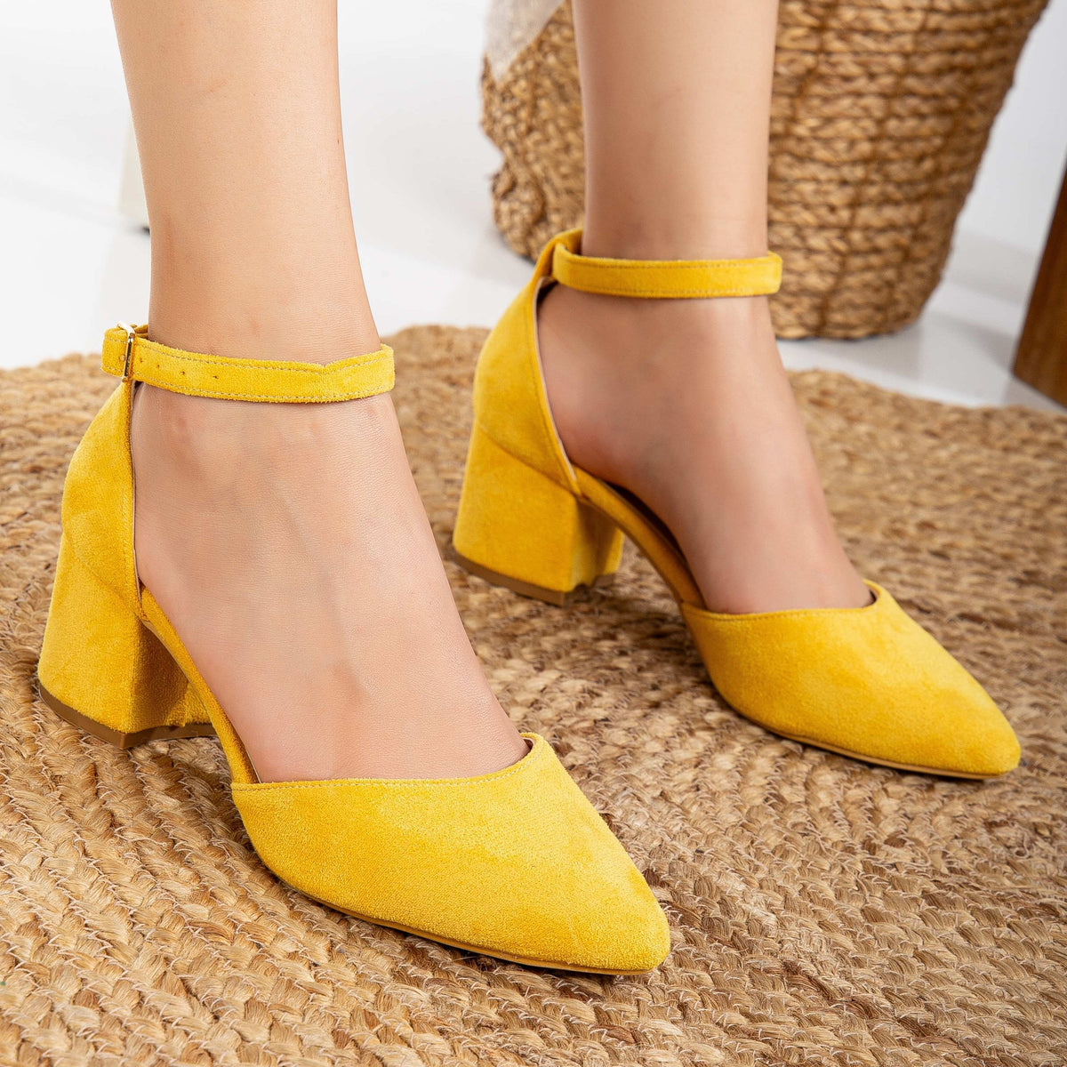 Marcelle - Yellow Suede Pumps – detail view showing leather, suede, Vowalisse