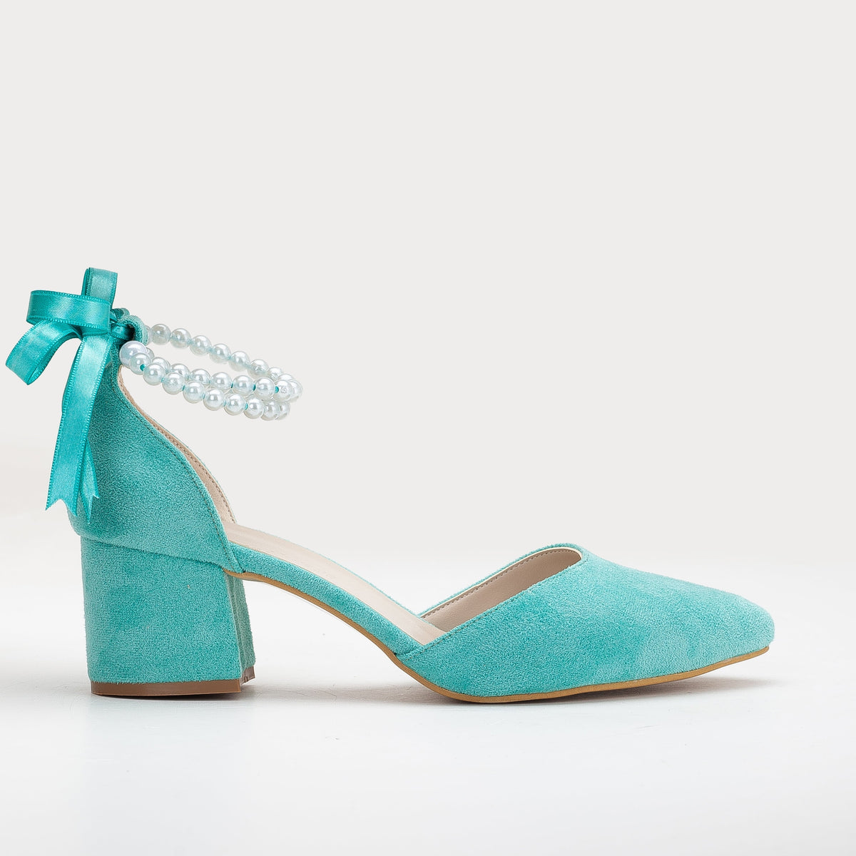 Miranda - Aqua Blue Bridal Shoes with Pearls – front three-quarter view showing pearl, leather, suede, Vowalisse