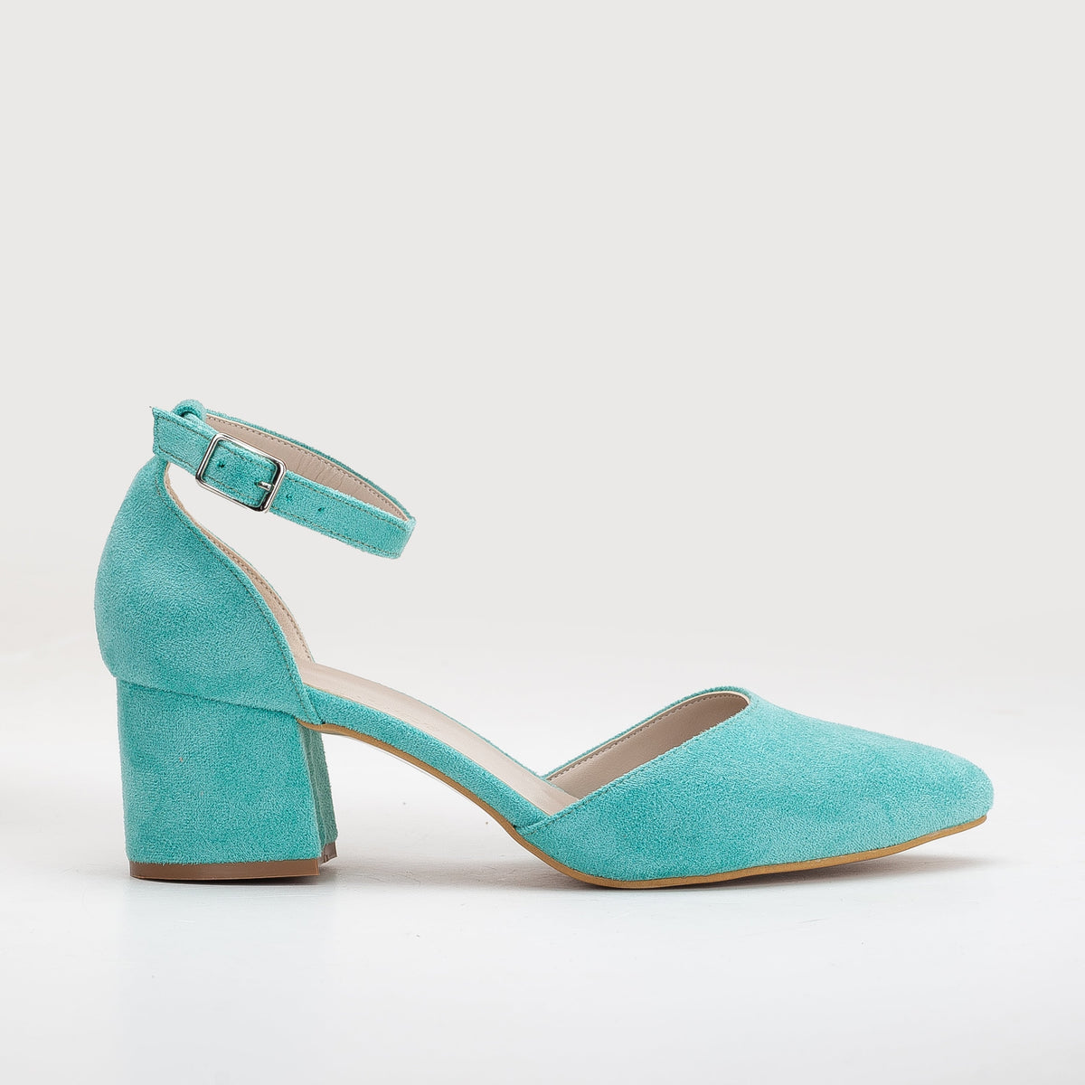 Miranda - Aqua Blue Bridal Shoes with Pearls – back view showing pearl, leather, suede, Vowalisse