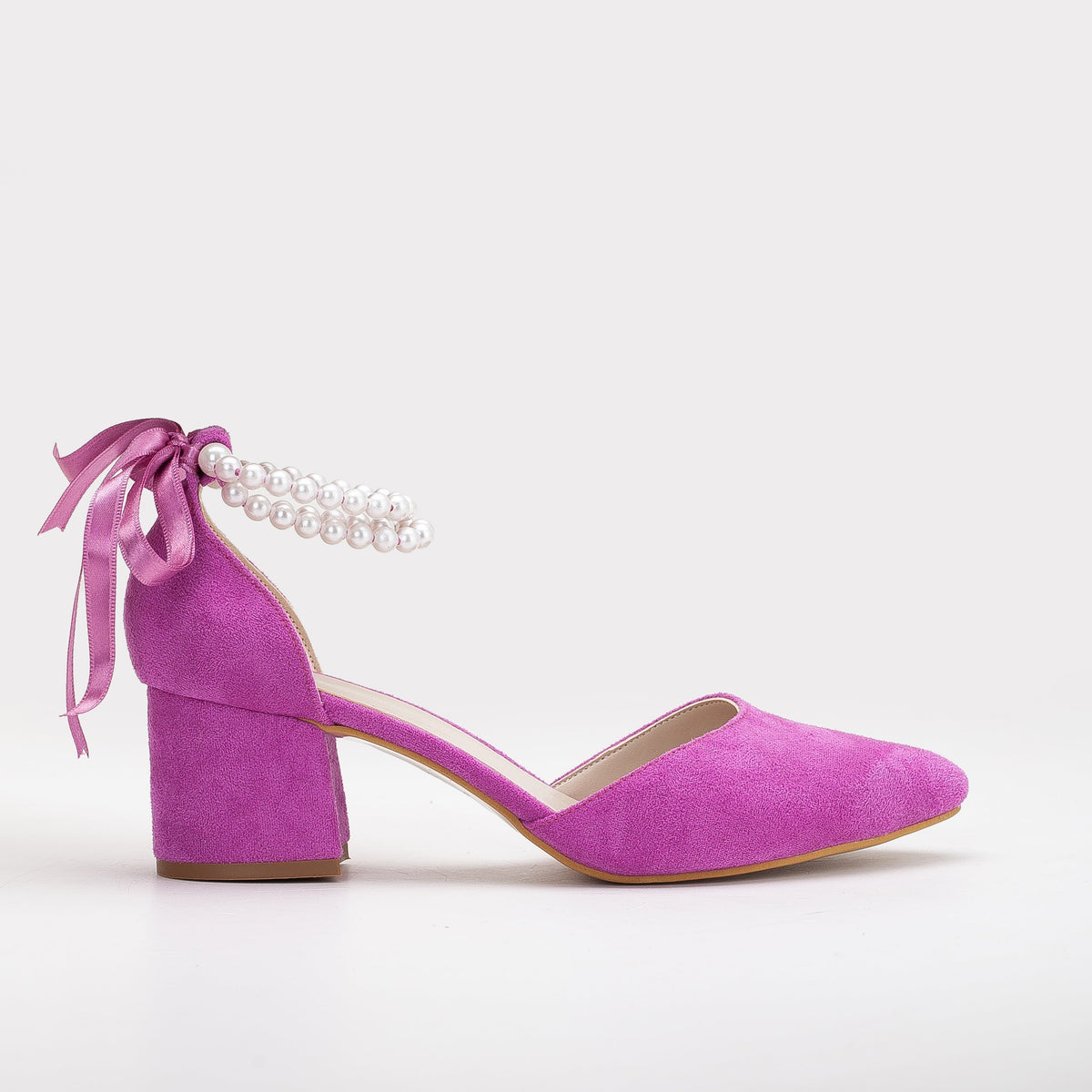 Miranda - Fuchsia Bridal Shoes with Pearls – front three-quarter view showing pearl, leather, suede, Vowalisse