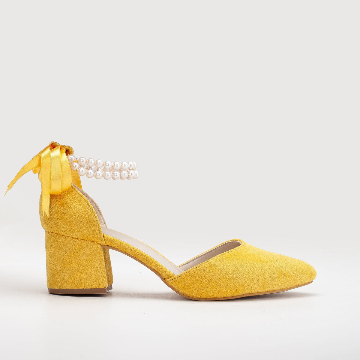 Miranda - Yellow Pumps with Pearls – front three-quarter view showing pearl, leather, suede, Vowalisse