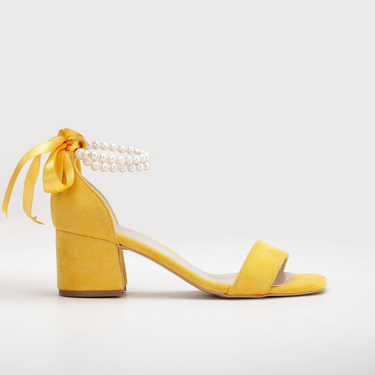 Illy - Yellow Suede Sandals with Pearls – front three-quarter view showing pearl, leather, suede, Vowalisse