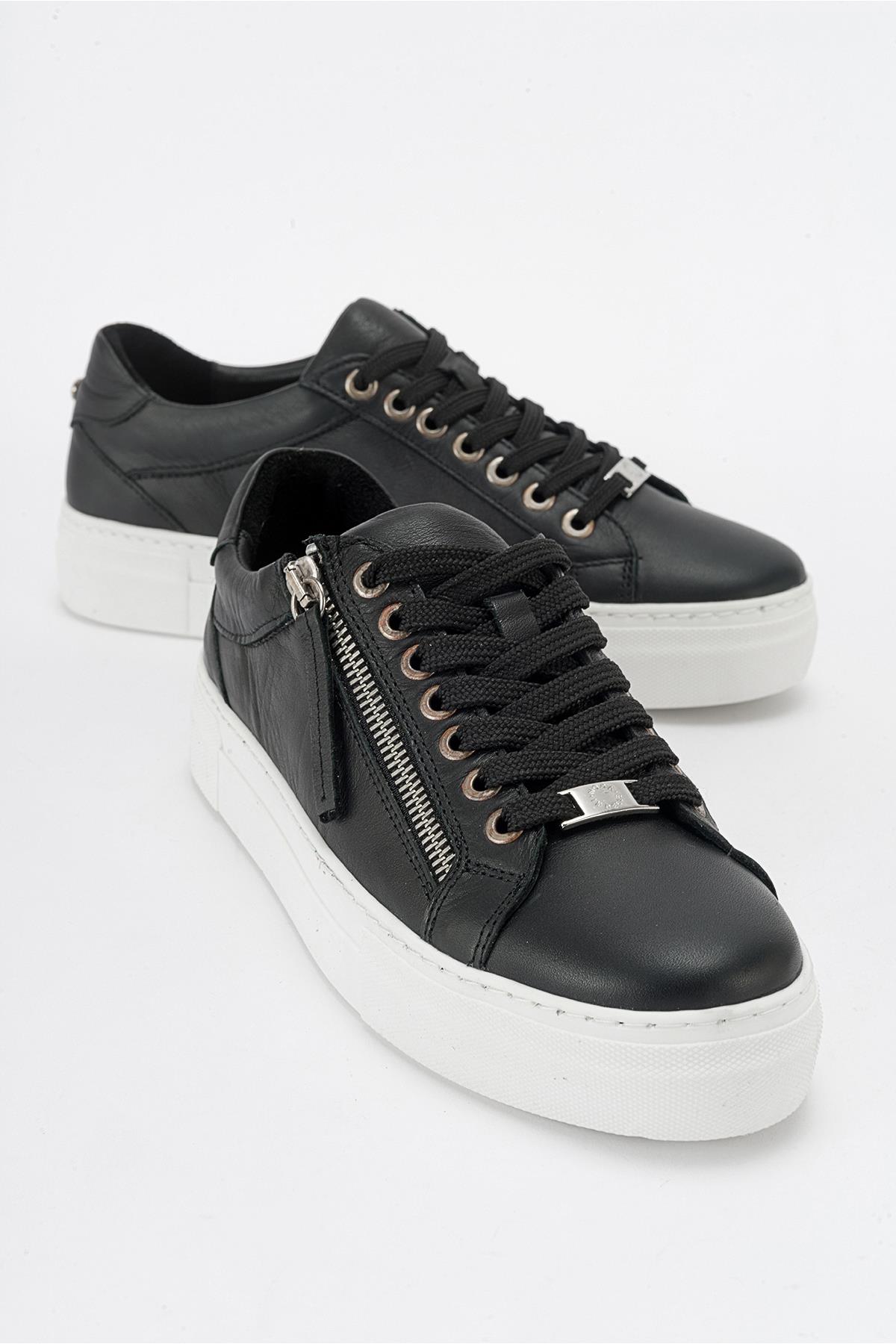 Beryl - Black Leather Zip Sneaker – front three-quarter view showing leather, black, Vowalisse