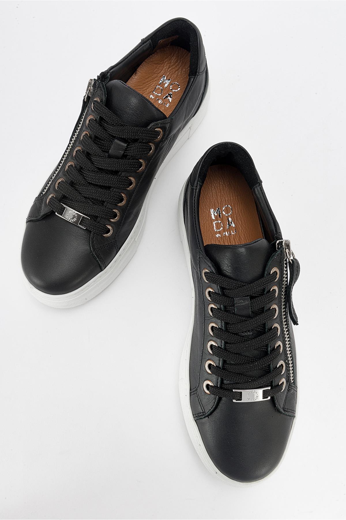 Beryl - Black Leather Zip Sneaker – side view showing leather, black, Vowalisse