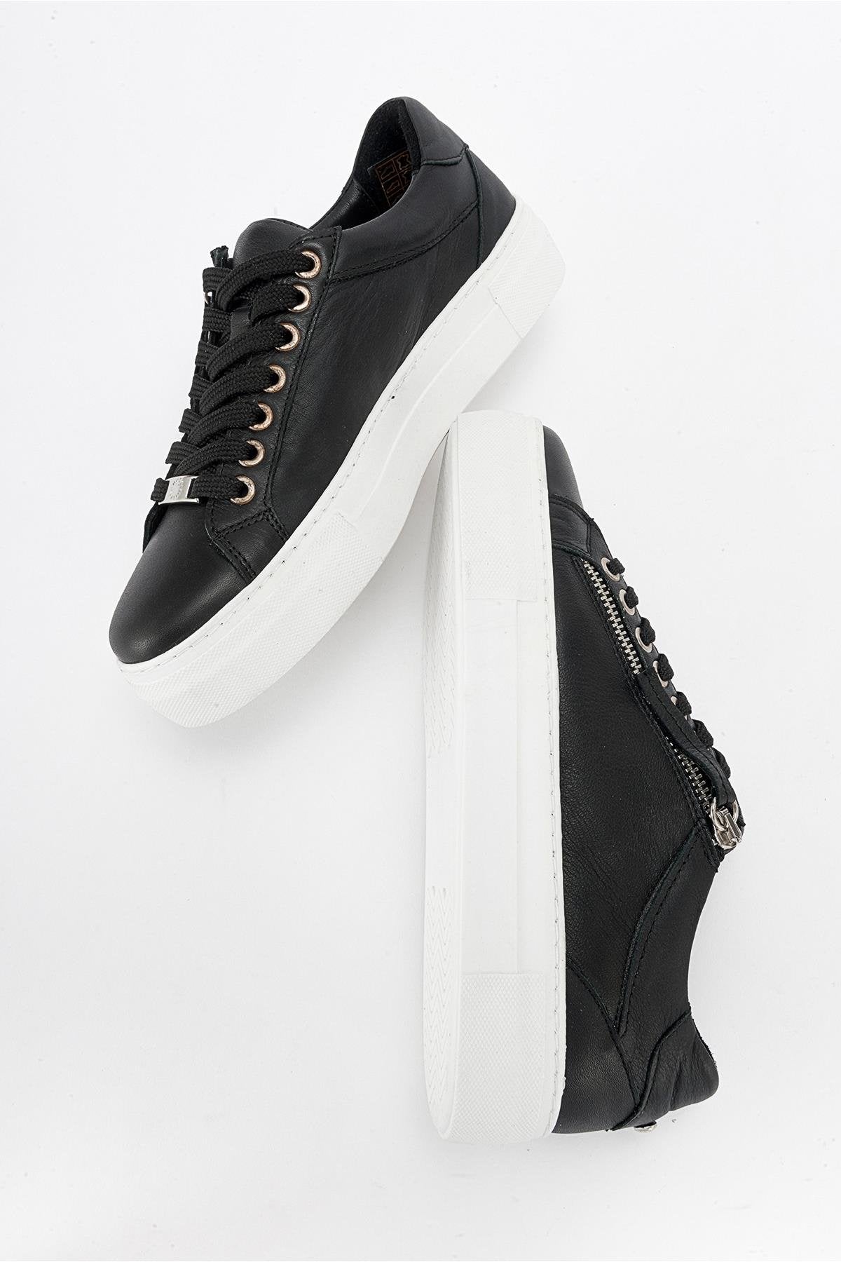 Beryl - Black Leather Zip Sneaker – detail view showing leather, black, Vowalisse