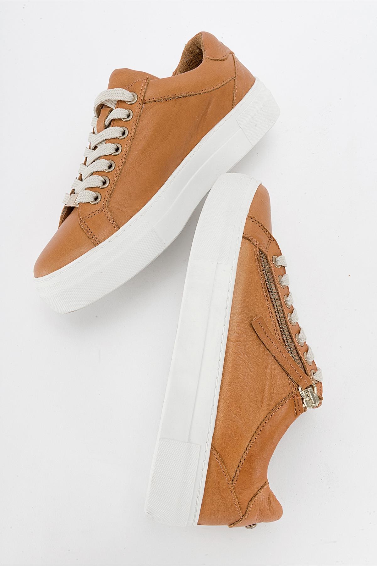 Beryl - Cognac Brown Leather Zip Sneaker – detail view showing leather, Vowalisse