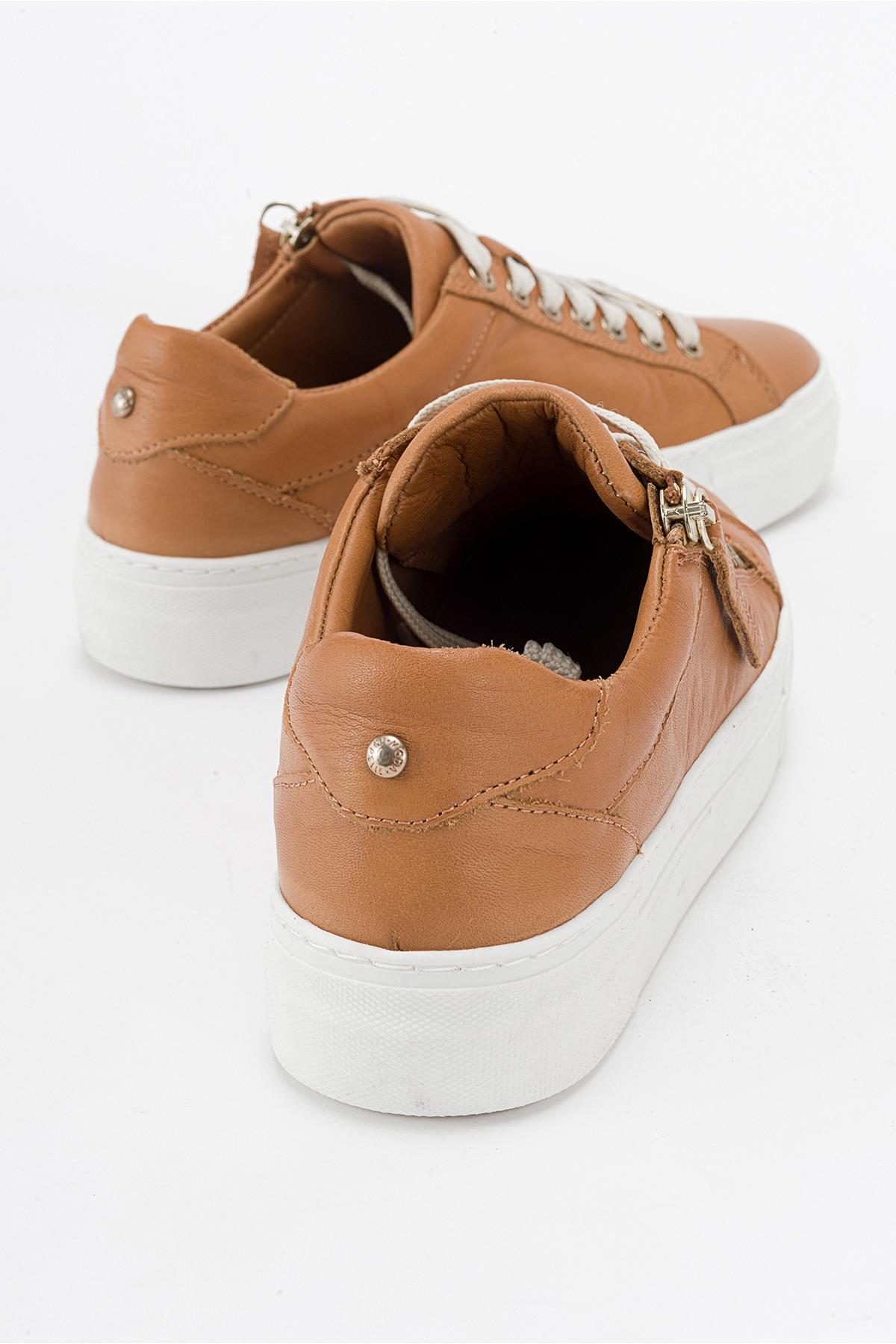 Beryl - Cognac Brown Leather Zip Sneaker – back view showing leather, Vowalisse