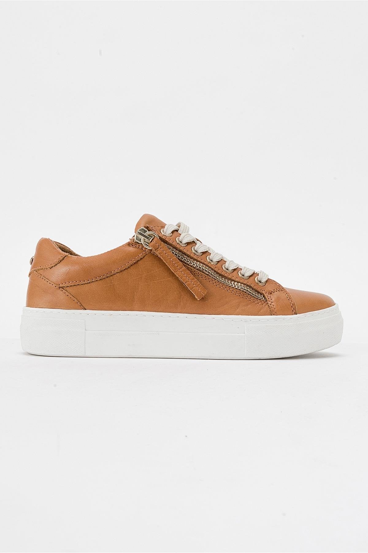 Beryl - Cognac Brown Leather Zip Sneaker – top view showing leather, Vowalisse