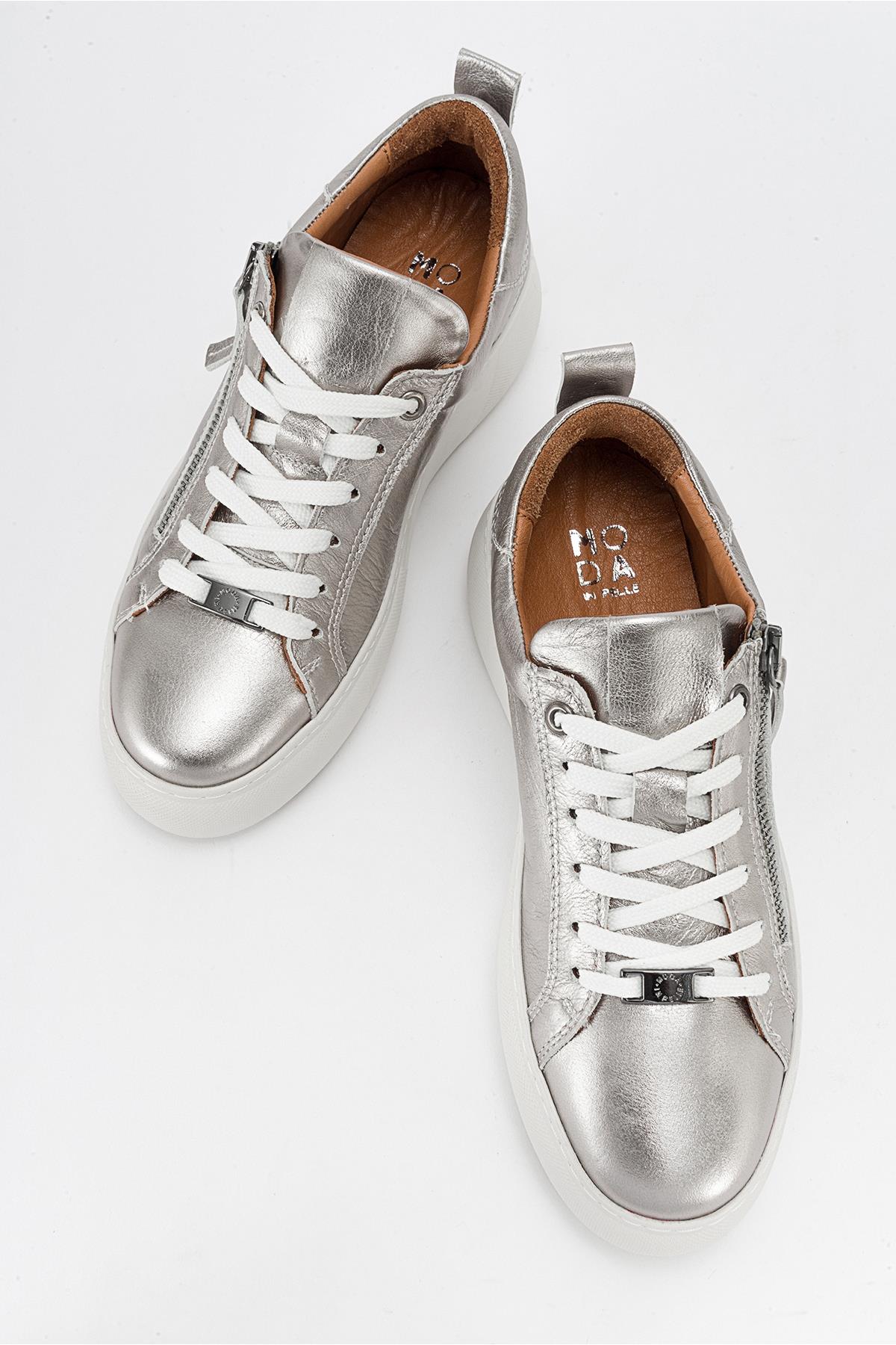 Allie - Silver Leather Zip Sneaker – side view showing leather, silver, Vowalisse