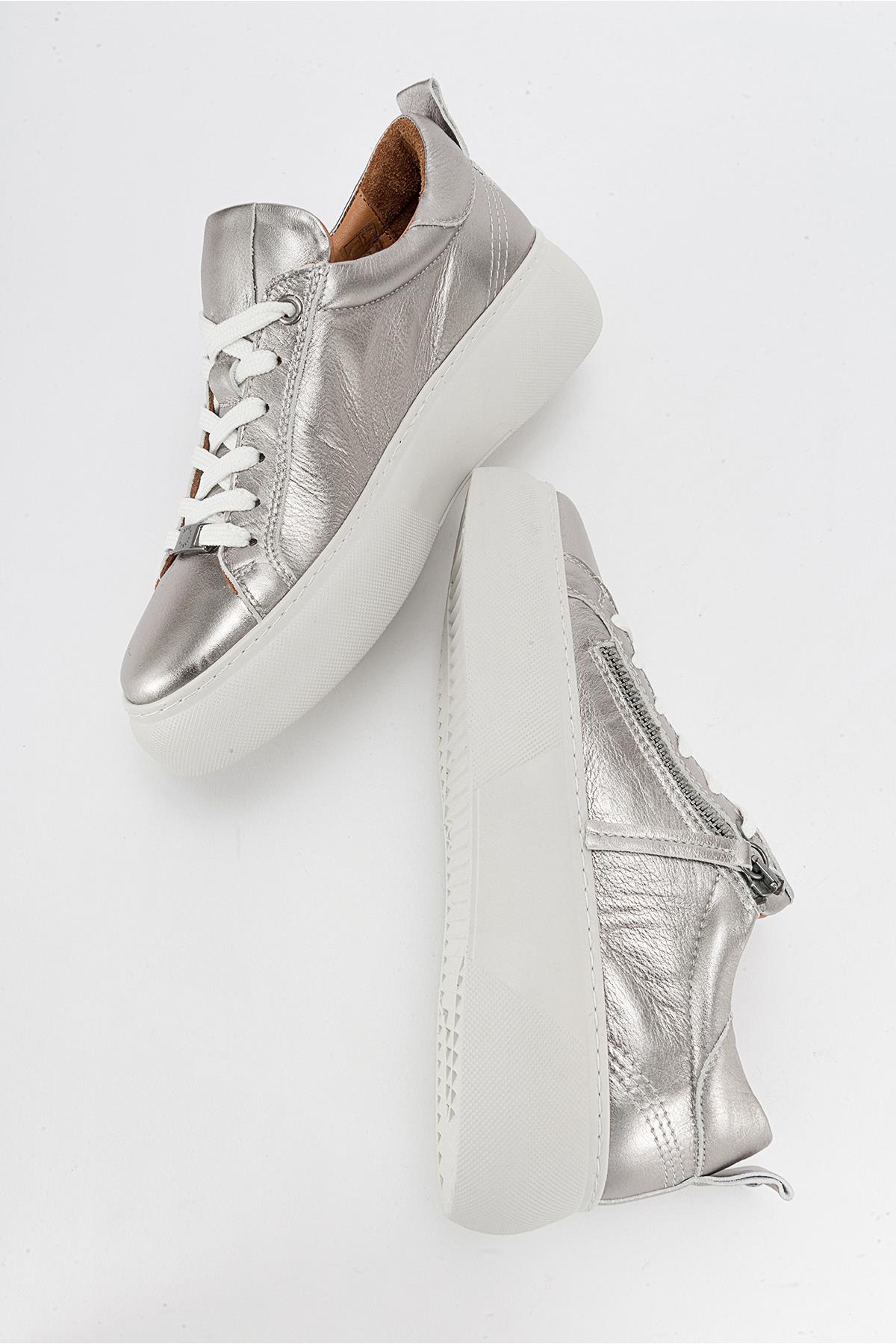Allie - Silver Leather Zip Sneaker – detail view showing leather, silver, Vowalisse