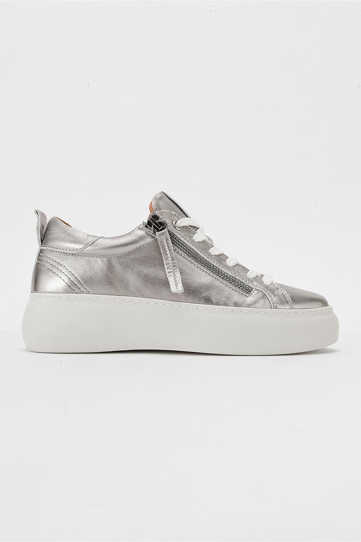 Allie - Silver Leather Zip Sneaker – top view showing leather, silver, Vowalisse