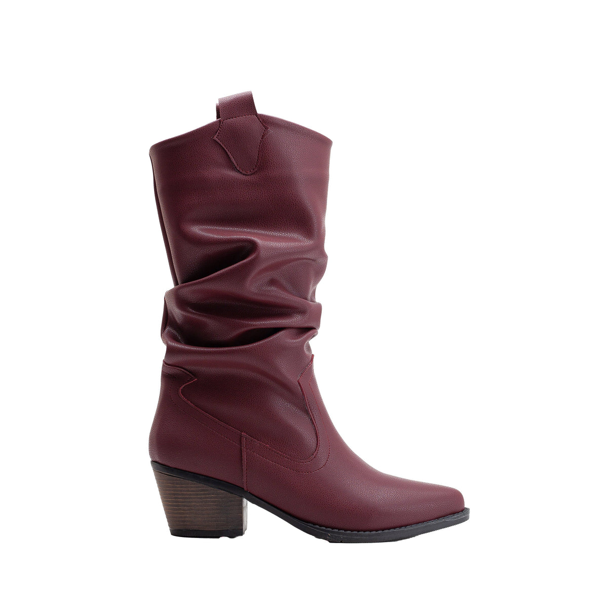 Bonnie - Burgundy Slouch Western Boots – front three-quarter view showing red, Vowalisse