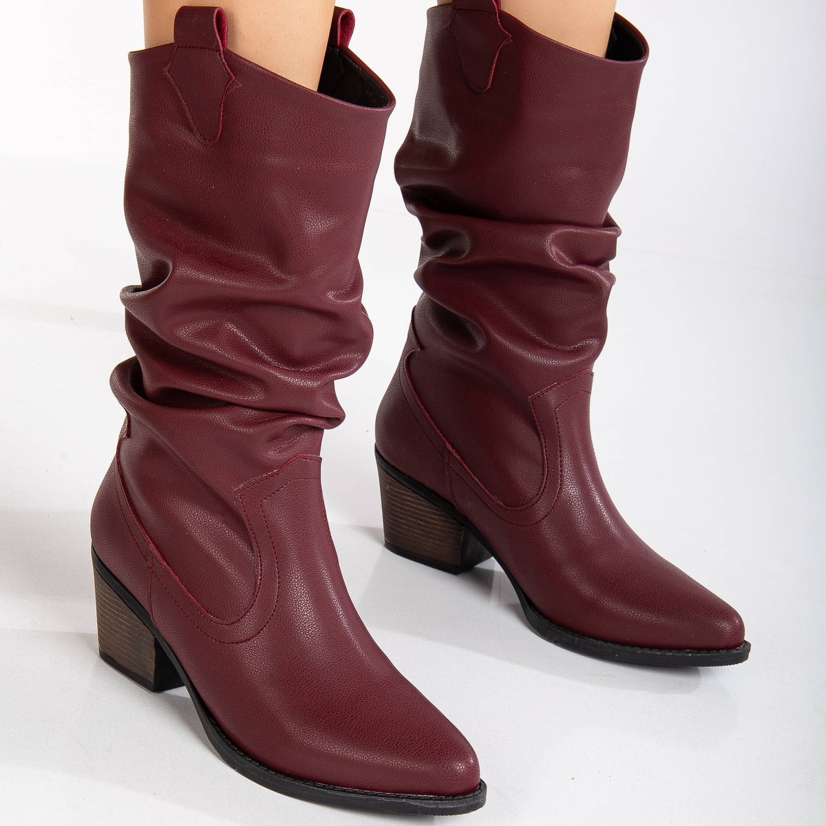 Bonnie - Burgundy Slouch Western Boots – side view showing red, Vowalisse