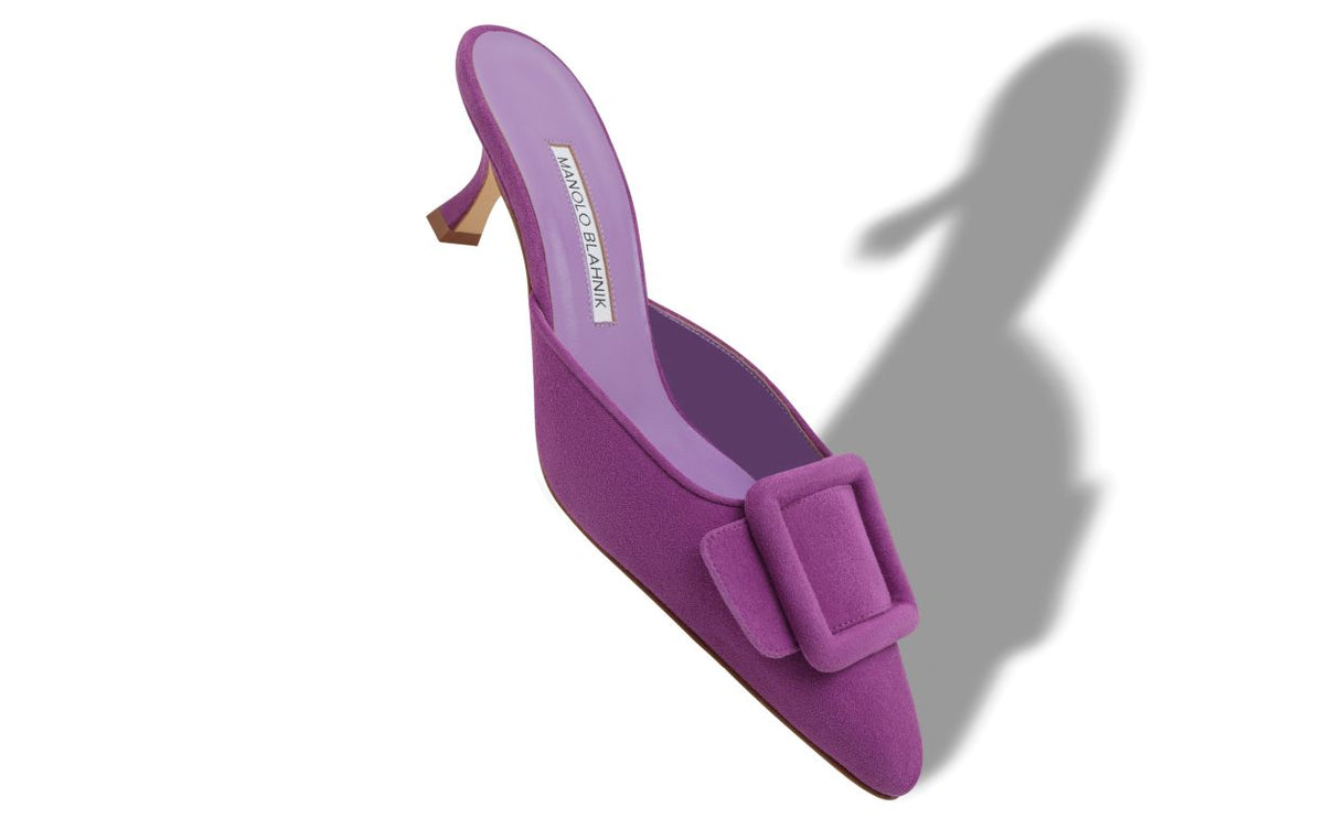 Colette Lace Purple Pointed Toe Mules – front three-quarter view showing purple pointed toe, suede, Vowalisse