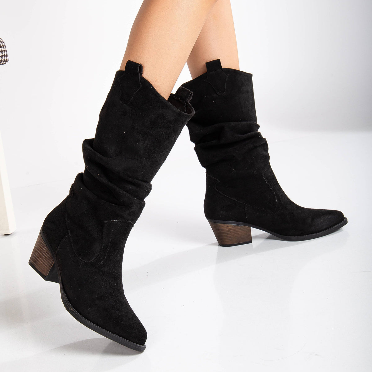 Bonnie - Black Suede Slouch Western Boots – side view showing suede, black, red, Vowalisse