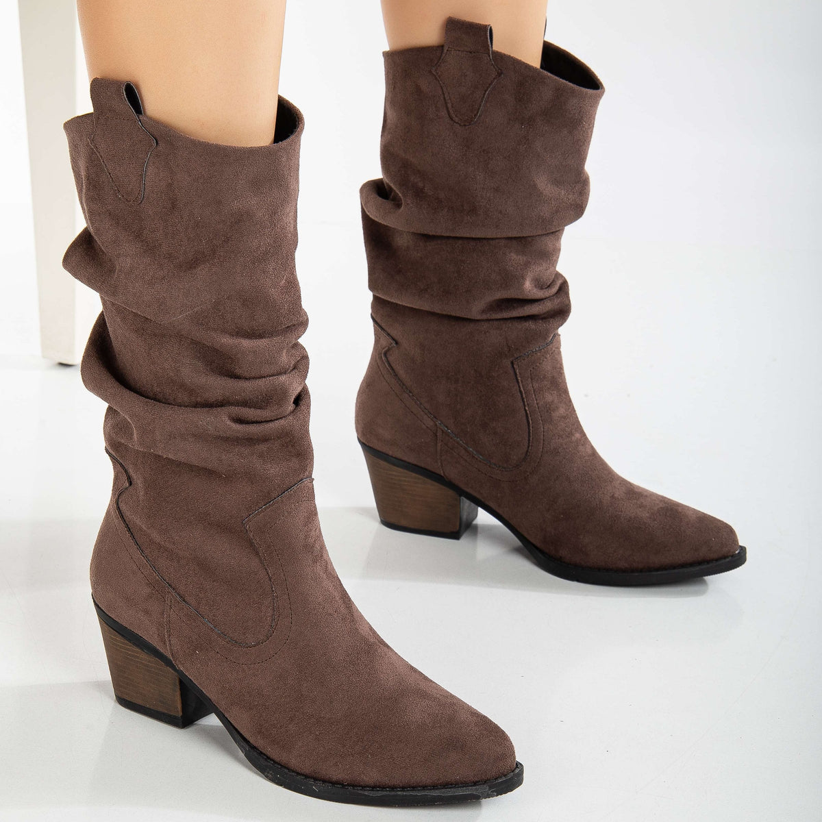 Bonnie - Brown Suede Slouch Western Boots – heel view showing suede, red, Vowalisse