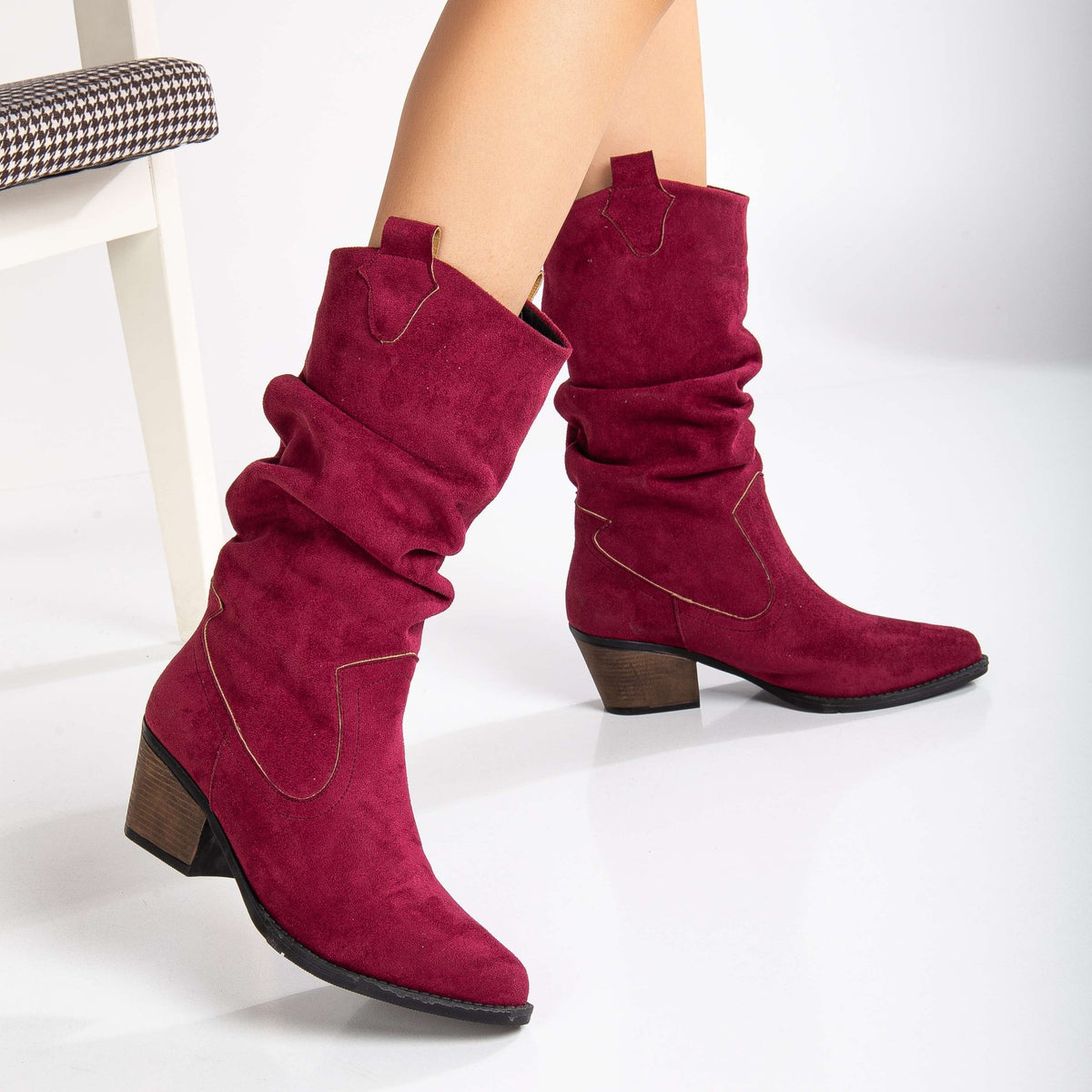 Bonnie - Burgundy Suede Western Boots – side view showing suede, red, Vowalisse