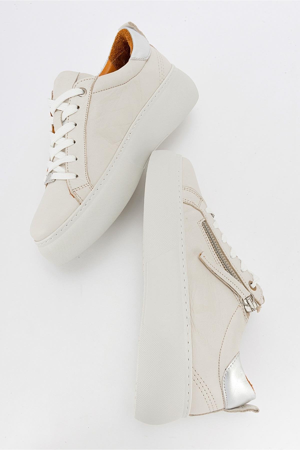 Allie - Beige Leather Zip Sneaker – side view showing leather, Vowalisse