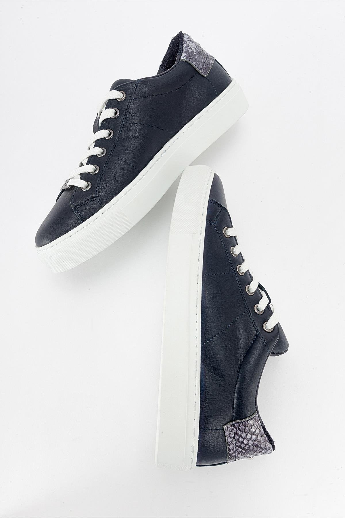 Ayverie - Navy Leather Sneaker – detail view showing leather, Vowalisse