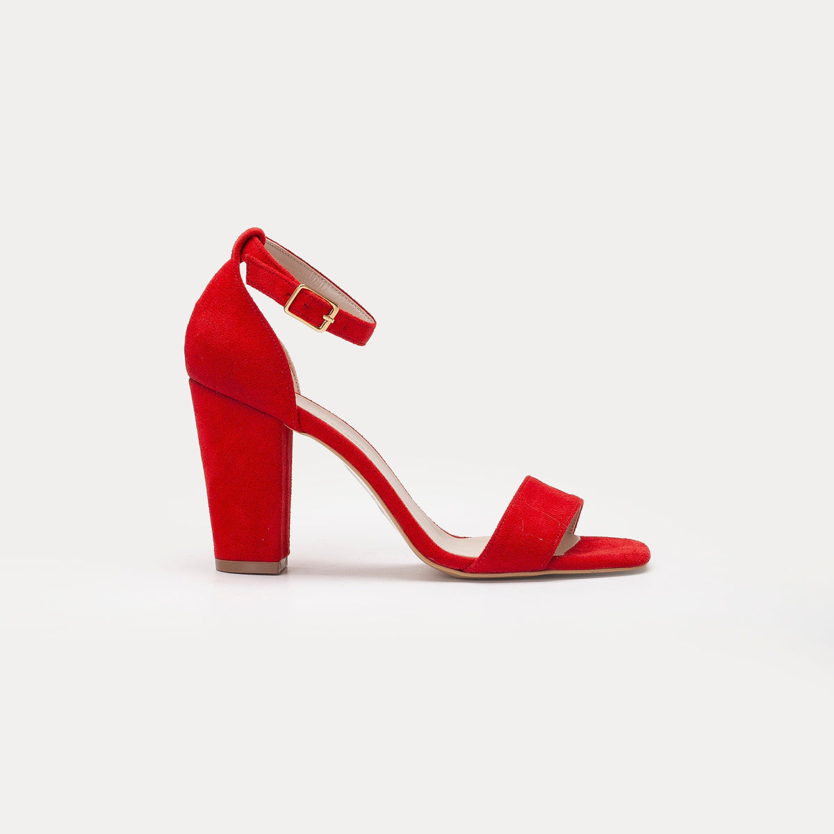 Jess - Red Suede Sandals – front three-quarter view showing leather, suede, red, Vowalisse