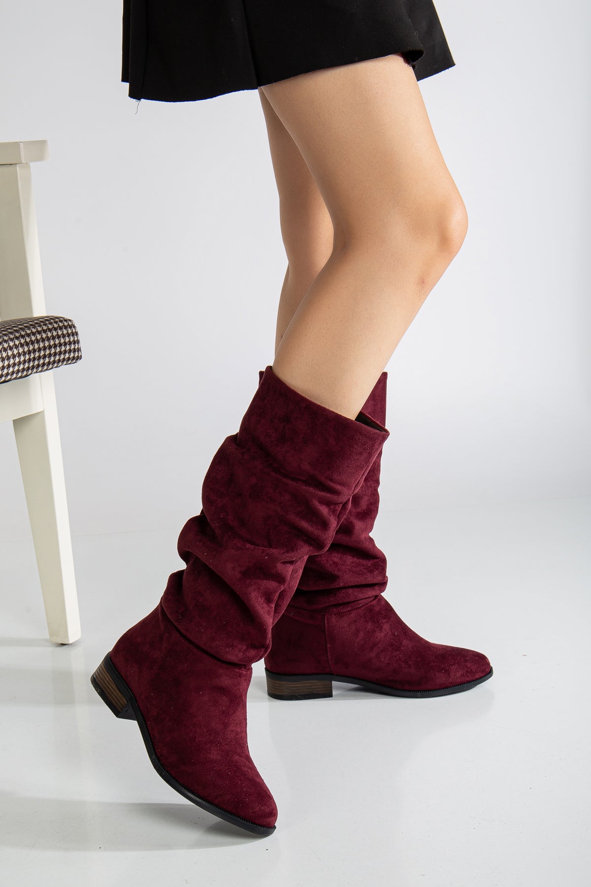 Maribel - Brick Red Suede Slouchy Boots – side view showing suede, red, Vowalisse