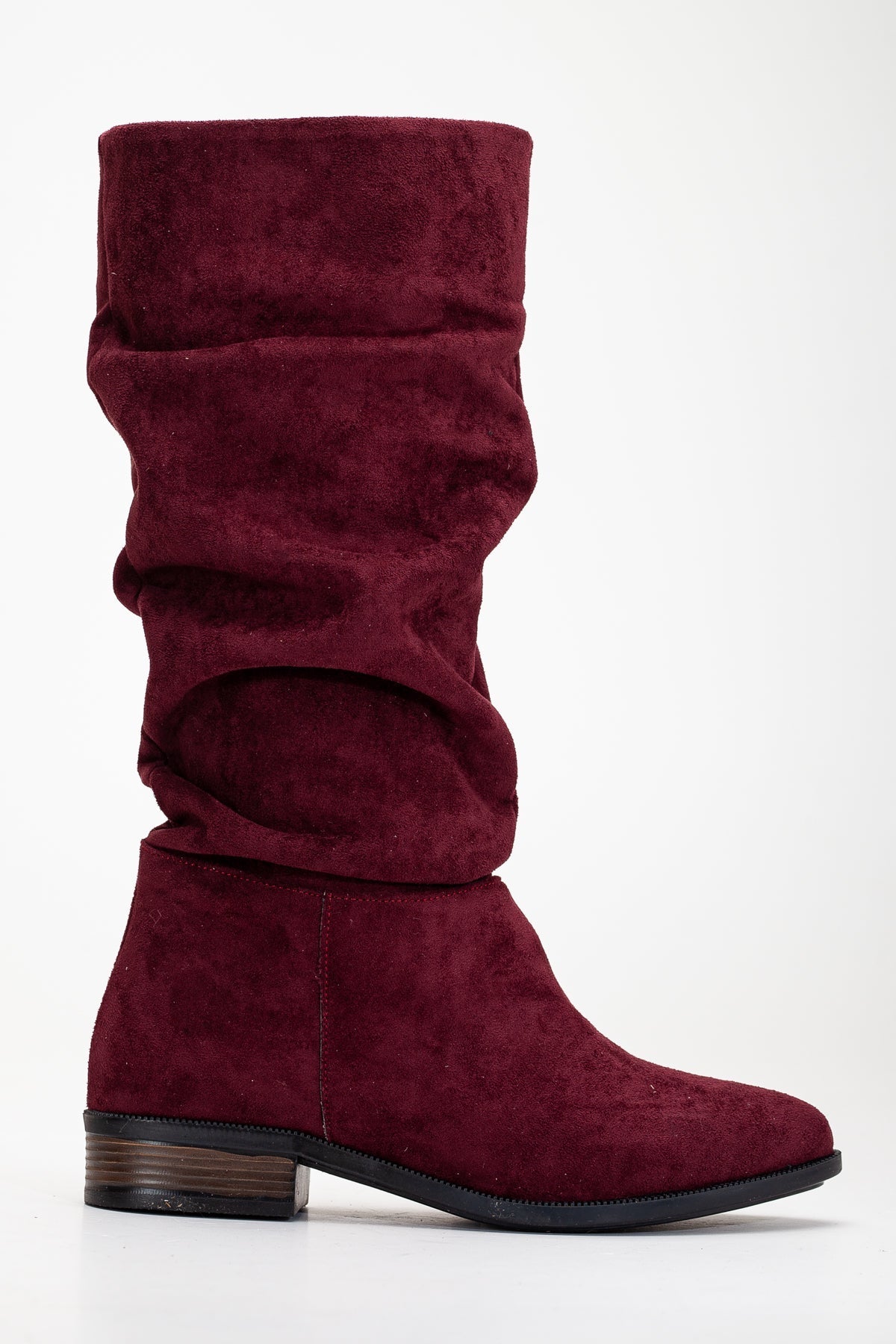 Maribel - Brick Red Suede Slouchy Boots – heel view showing suede, red, Vowalisse