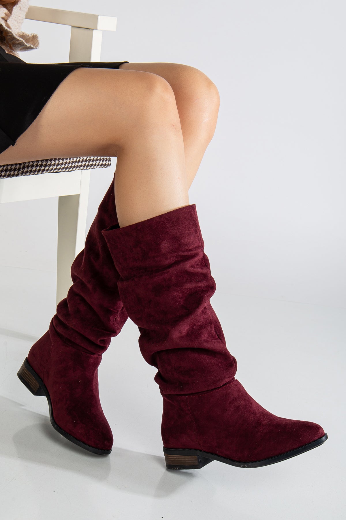 Maribel - Brick Red Suede Slouchy Boots – back view showing suede, red, Vowalisse