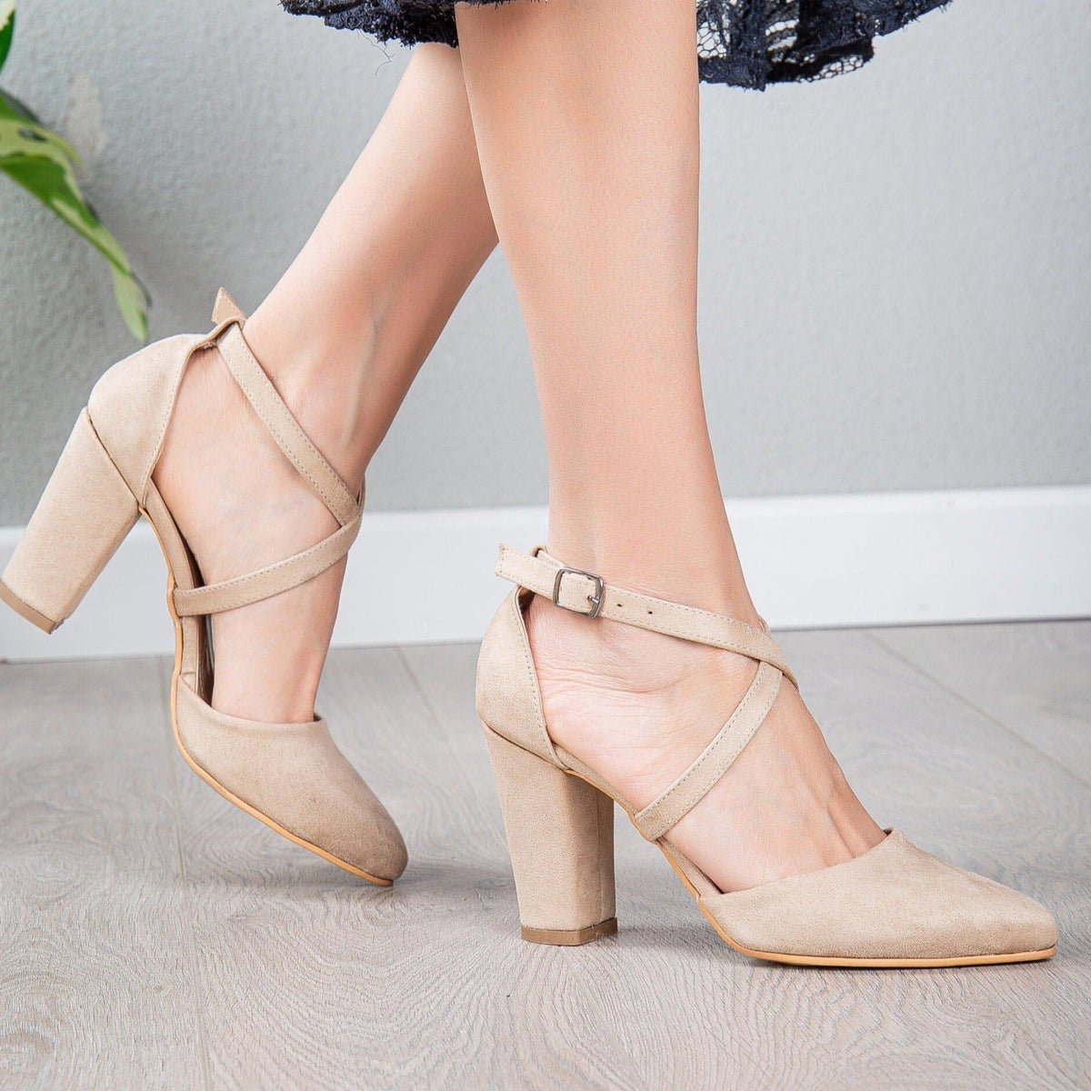 Sina - Beige Suede Criss Cross Heels – heel view showing leather, suede, nude, Vowalisse