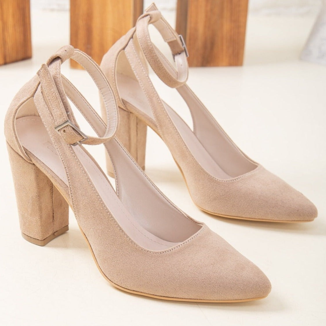 Colette - Beige Suede Bridal Shoes – back view showing leather, suede, Vowalisse