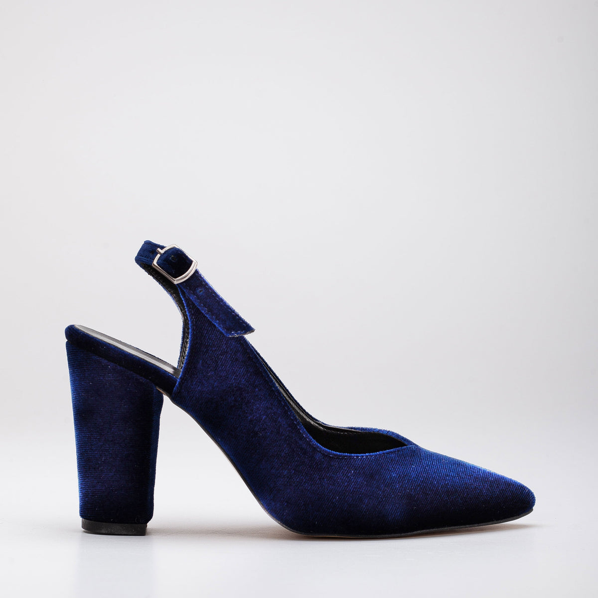 Emma - Dark Blue Velvet Slingback Shoes – front three-quarter view showing velvet, blue, red, Vowalisse