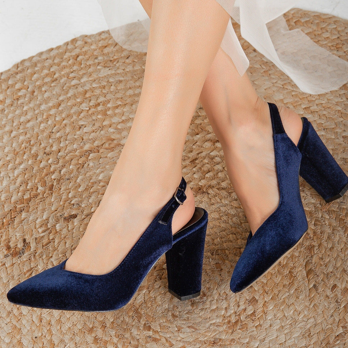 Emma - Dark Blue Velvet Slingback Shoes – side view showing velvet, blue, red, Vowalisse