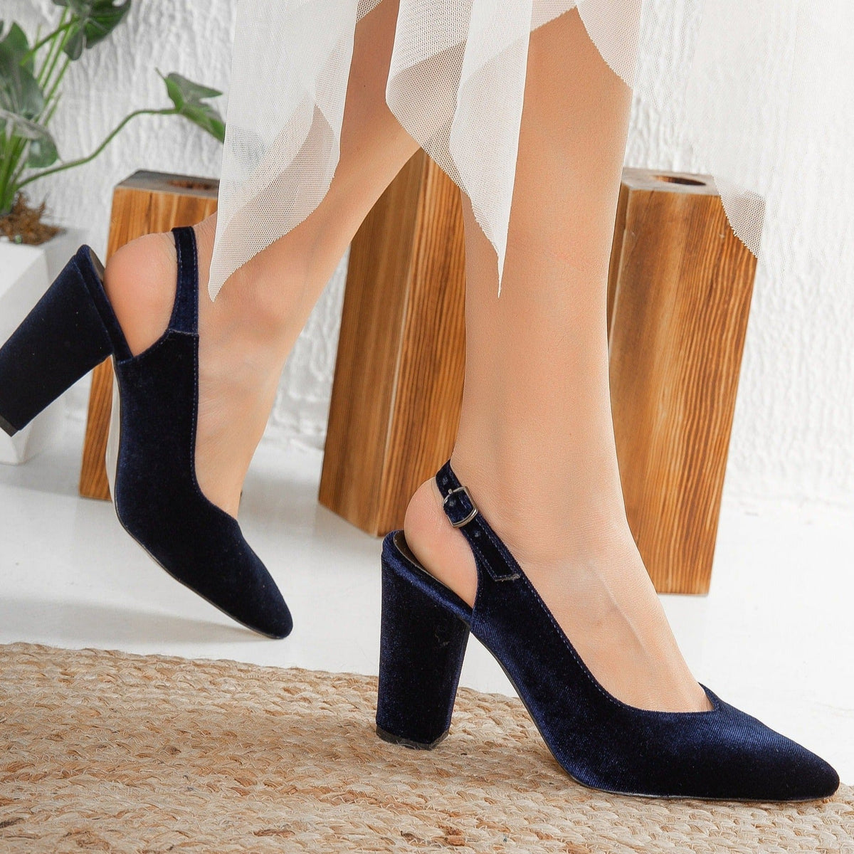 Emma - Dark Blue Velvet Slingback Shoes – heel view showing velvet, blue, red, Vowalisse