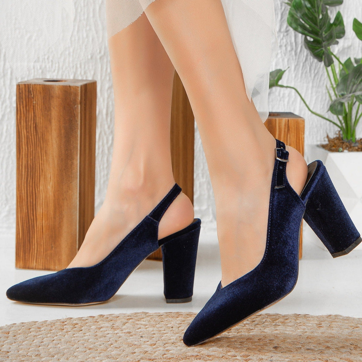 Emma - Dark Blue Velvet Slingback Shoes – back view showing velvet, blue, red, Vowalisse