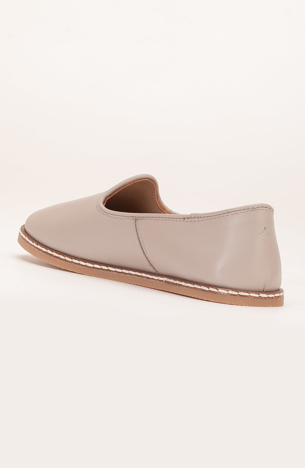 Dalya - Dark Beige Leather Slip On – heel view showing leather, red, Vowalisse