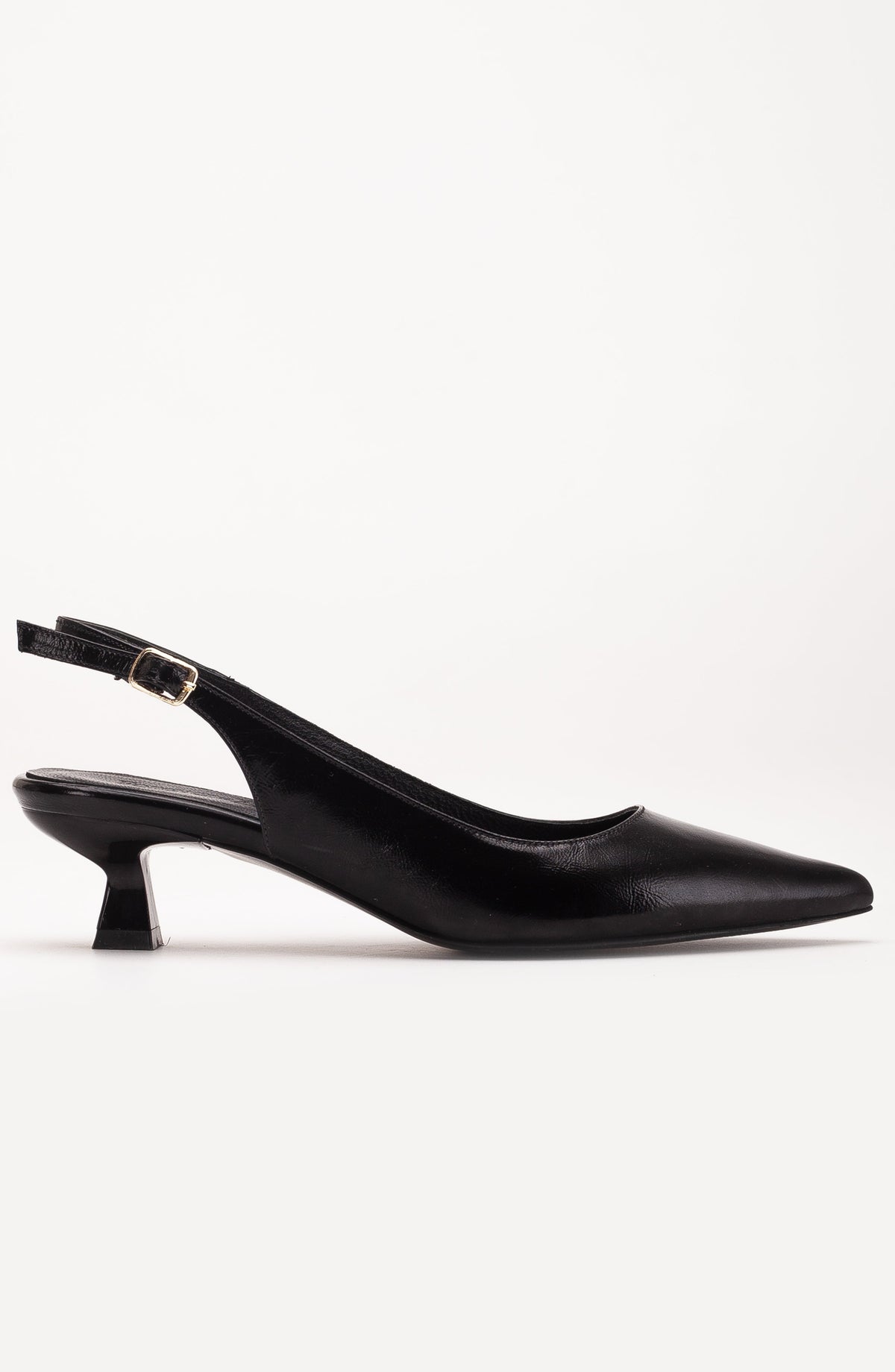 Lety - Black Patent Leather Slingback Pumps – back view showing leather, black, gold, Vowalisse