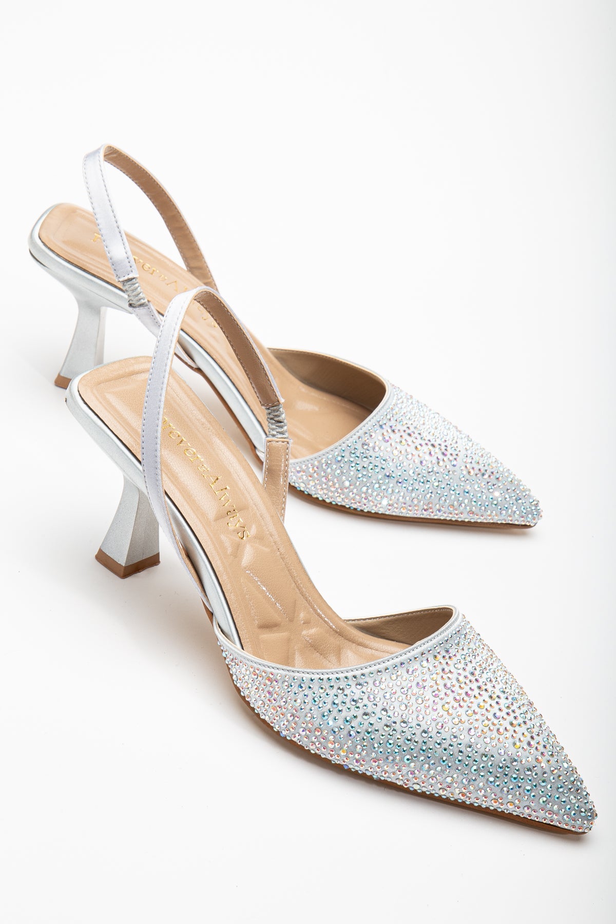 Rae - Silver Rhinestone Slingback Kitten Heels – side view showing rhinestone, silver, Vowalisse