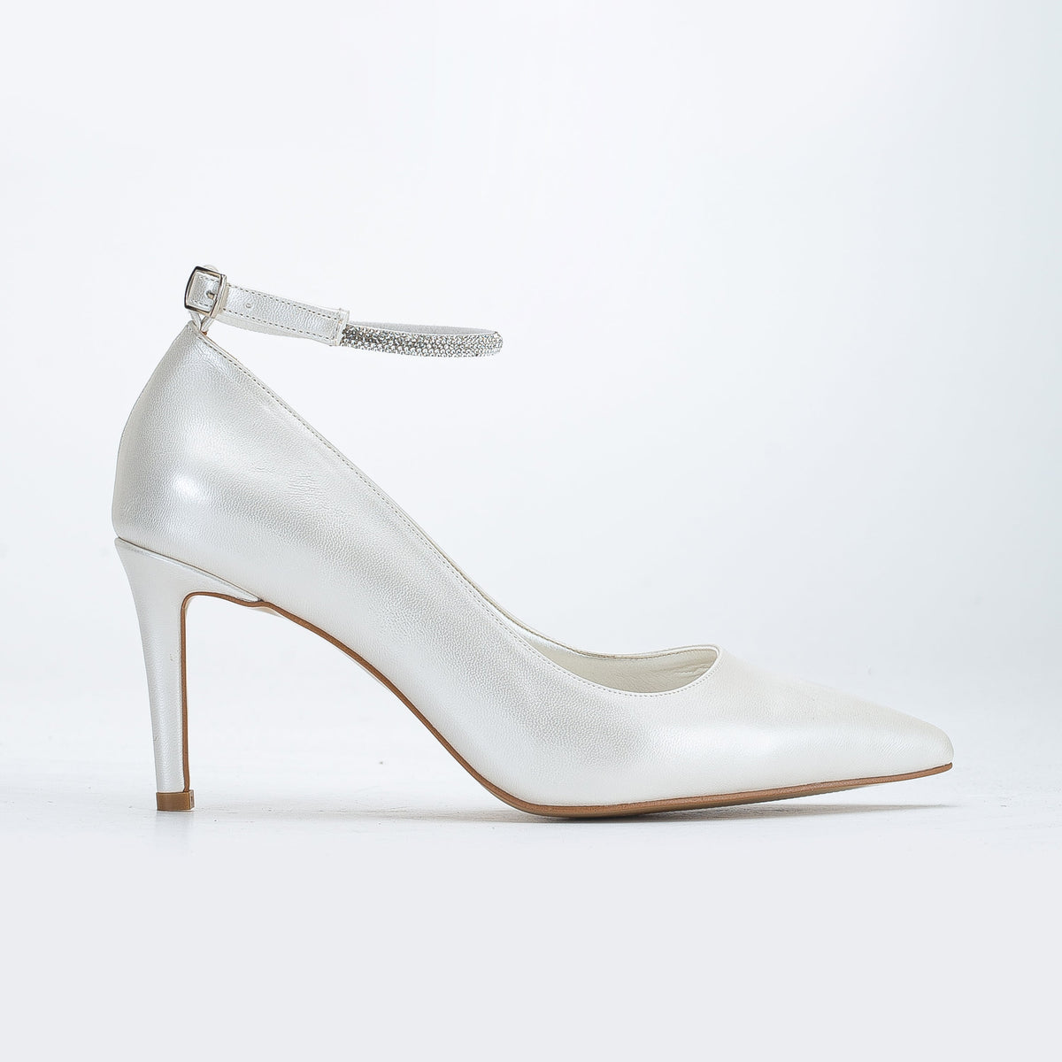 Penelope - Ivory Bridal Stiletto with Pearls – top view showing pearl, satin, leather, Vowalisse