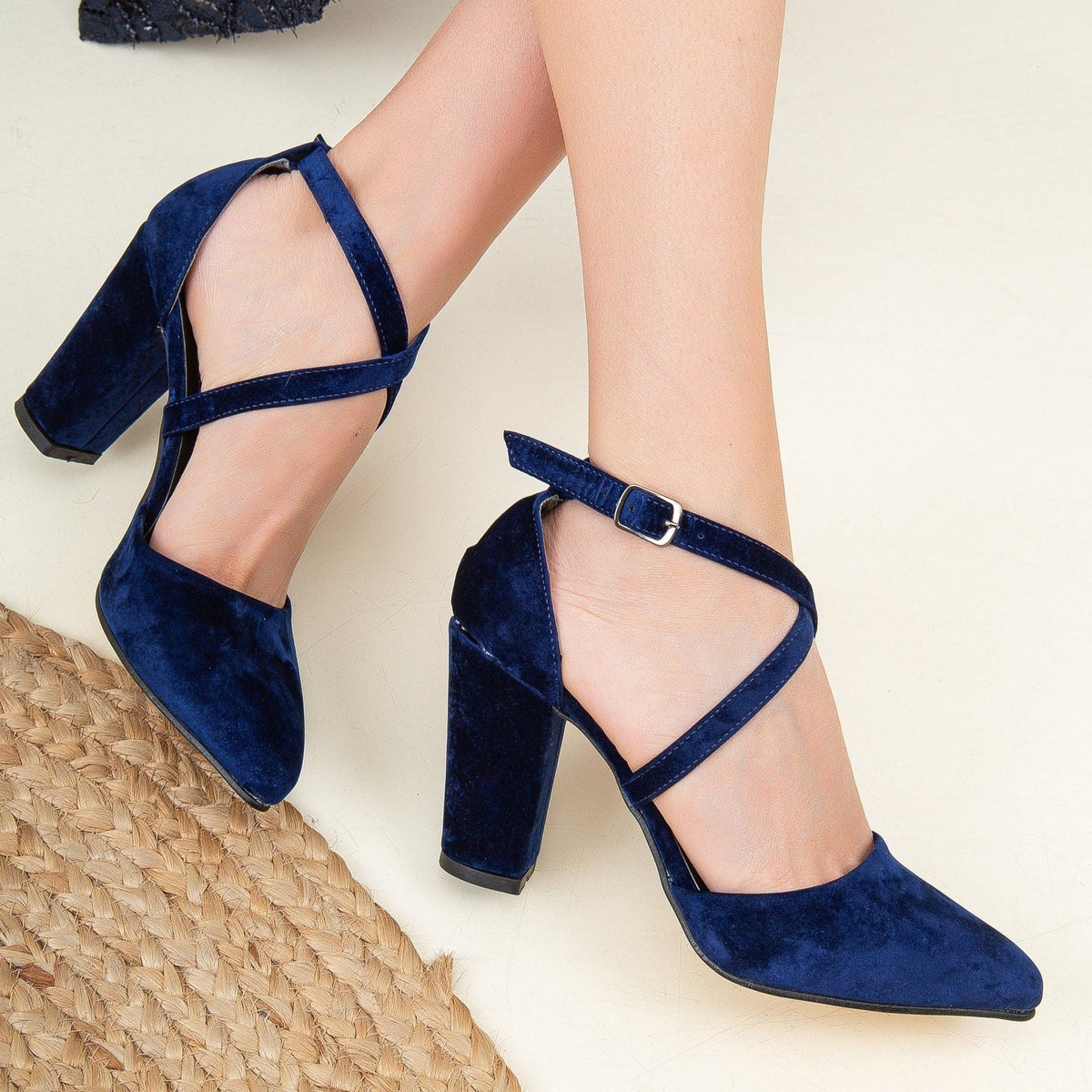 Sina - Dark Blue Velvet Criss Cross Heels – heel view showing velvet, blue, Vowalisse