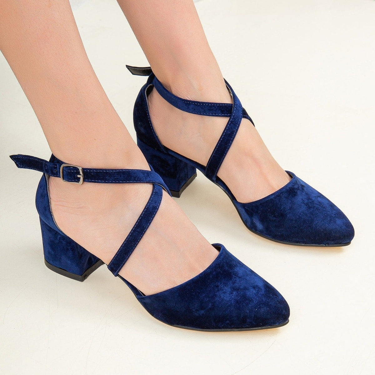 Dolly - Dark Blue Suede Block Heels – back view showing suede, blue, Vowalisse