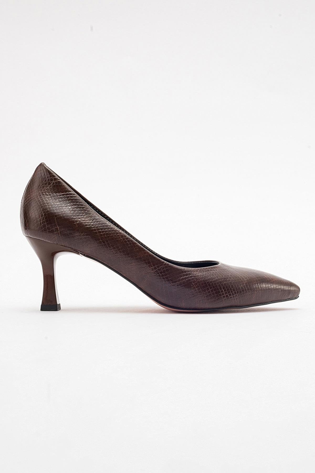 Pedra - Brown Printed Heeled Shoe – top view showing leather, Vowalisse