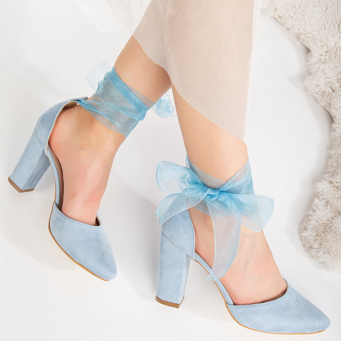 Gisele - Baby Blue Wedding Shoes with Ribbon – side view showing leather, suede, white, Vowalisse