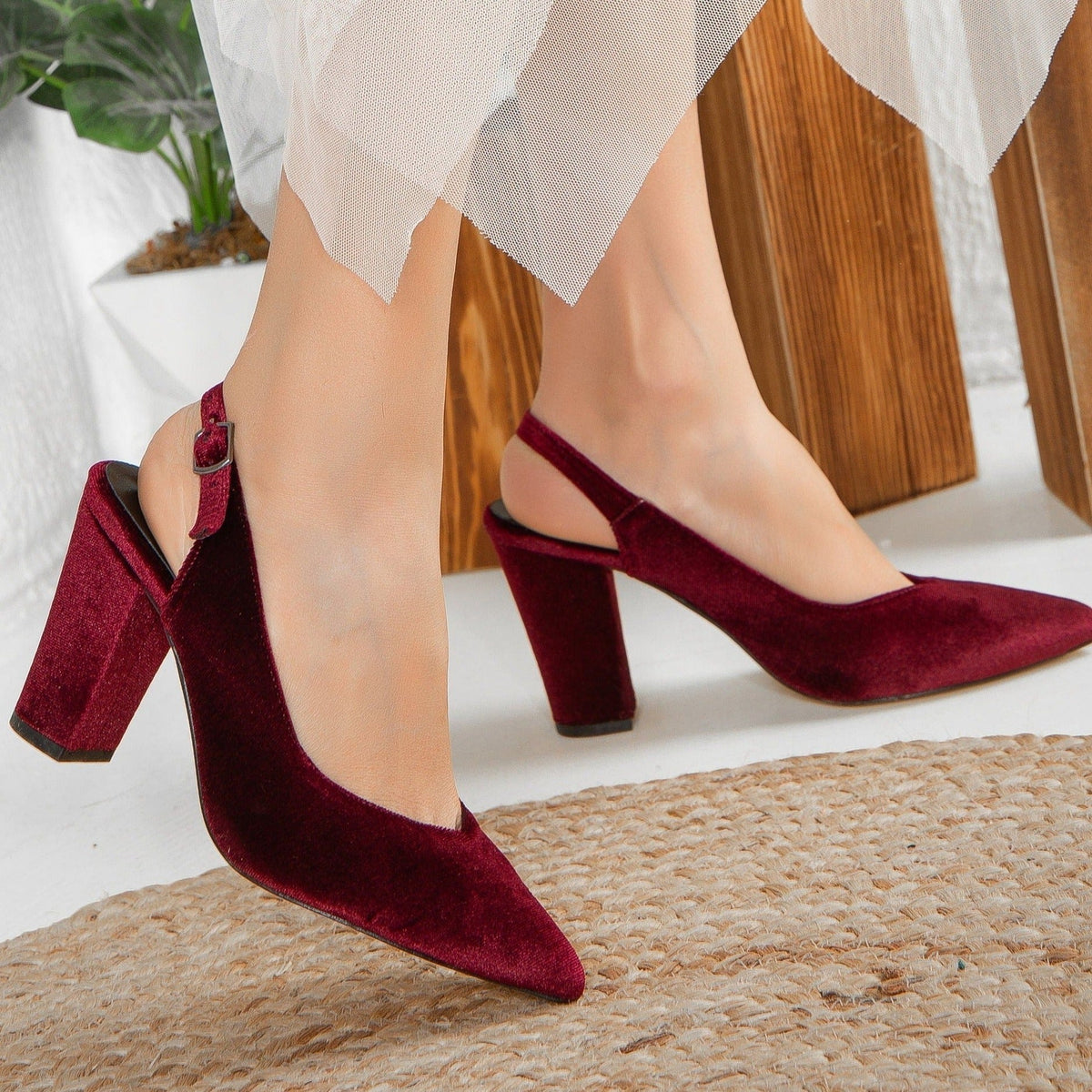 Emma - Burgundy Velvet Slingback Heels – back view showing velvet, red, Vowalisse