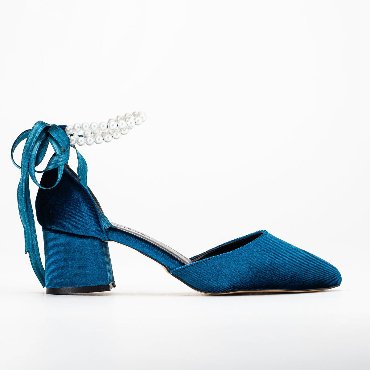 Miranda - Teal Blue Velvet Bridal Shoes with Pearls – front three-quarter view showing pearl, velvet, suede, Vowalisse