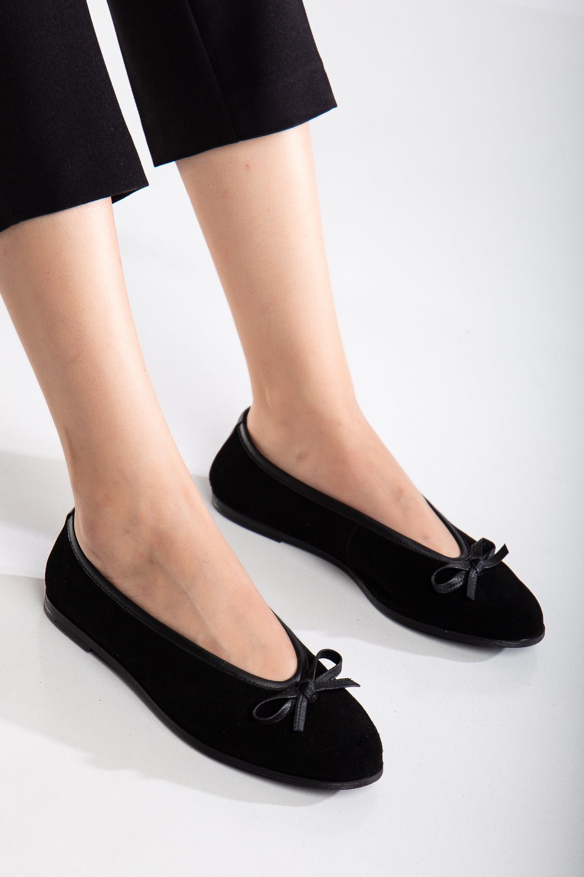 Freya - Black Suede Ballerina Flats – side view showing bow, leather, suede, Vowalisse