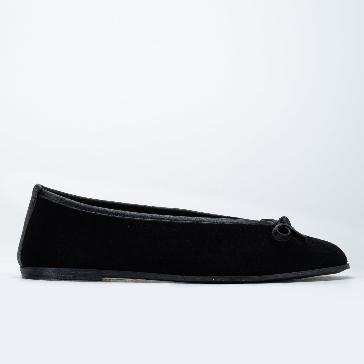 Freya - Black Suede Ballerina Flats – detail view showing bow, leather, suede, Vowalisse