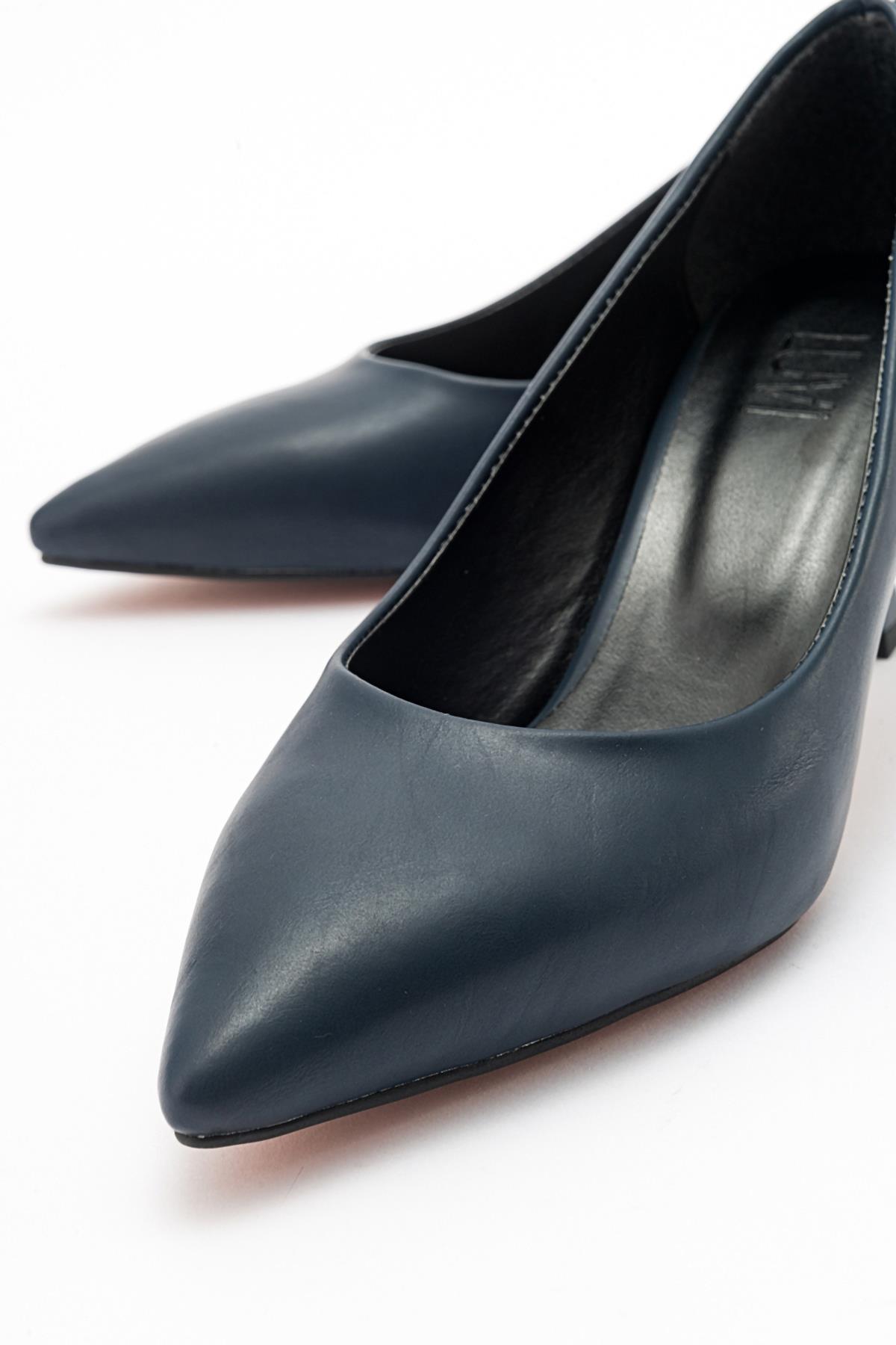 Pedra - Navy Heeled Shoe – back view showing leather, Vowalisse